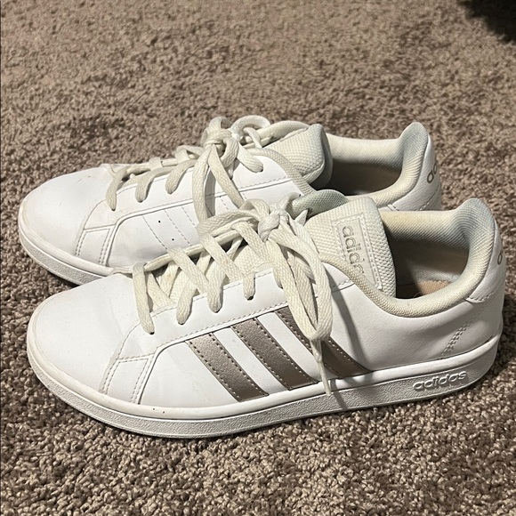 adidas White Leather Low-Top Sneakers with Taupe Stripes - Picture 2 of 2